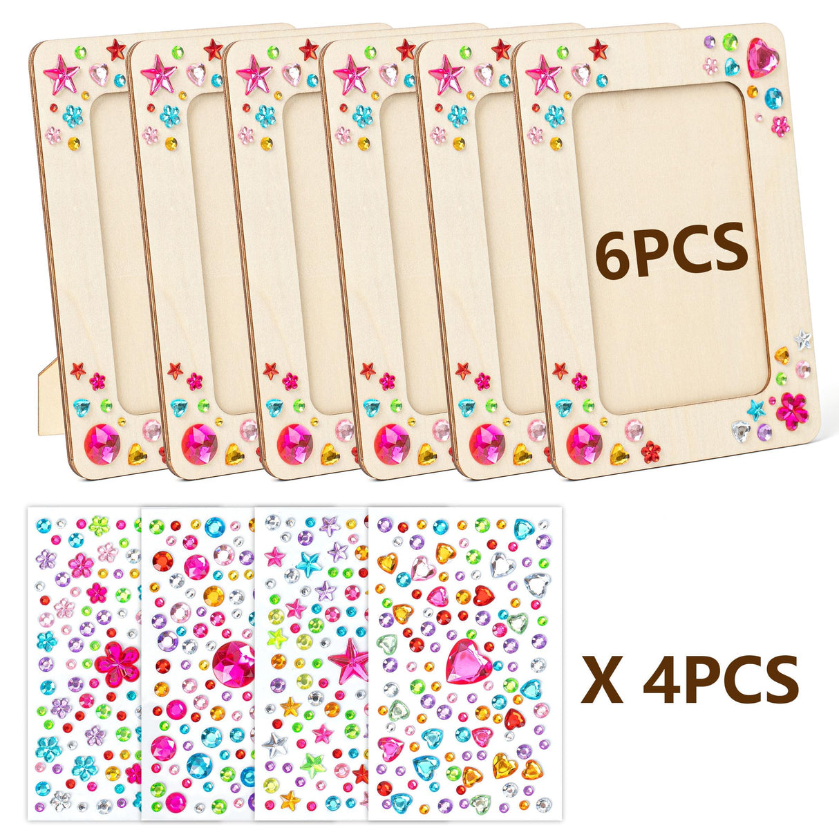Lesnala 6Pcs Unfinished Wood Picture Frames with 4 Sheets Crystal Diamond Stickers Crafts DIY Kits for Adults Kids Party Present Fits 4 X 6 Inch Photo Lesnala