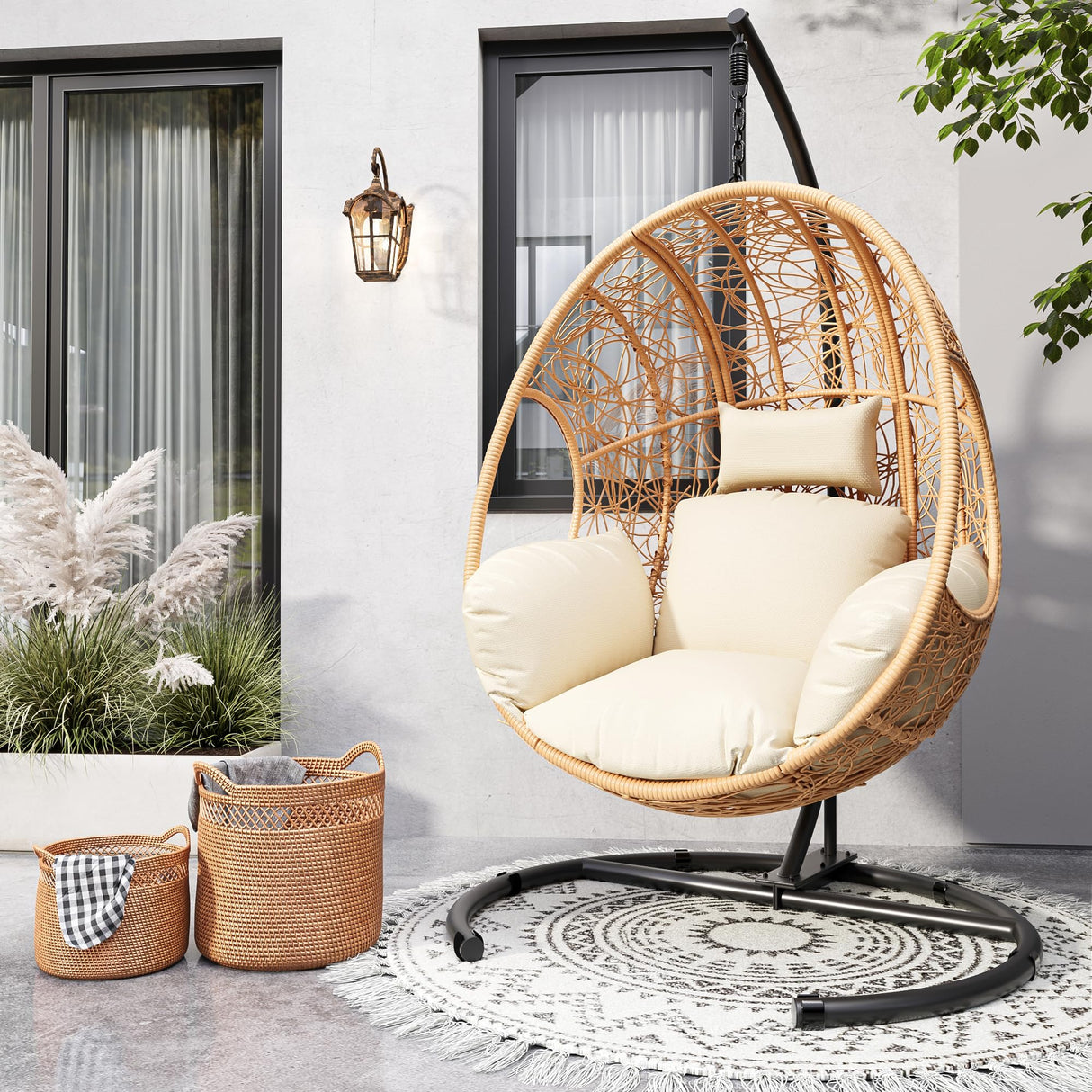 LUTINLIX Oversized Hanging Egg Chair Outdoor Indoor, Wicker Swing Egg Chair with Stand 400lbs Capacity for Bedroom, Patio, Garden and Balcony (Beige-nest, Oversize) LUTINLIX