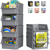 TidyFriend Stackable Storage Bins for Closet Organizers and Storage 4 Pack, Garage Storage Bin Stackable, Bathroom and Garage Organizer (Grey) Skywin