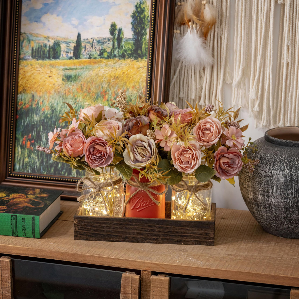 LUEUR Fall Mason Jar Centerpiece for Table with Artificial Flowers, Set of 3 Pink & Brown Faux Rose Floral Farmhouse Painted Decorative Jars for Thanksgiving Autumn Kitchen Home Decor, Dinner Table LUEUR