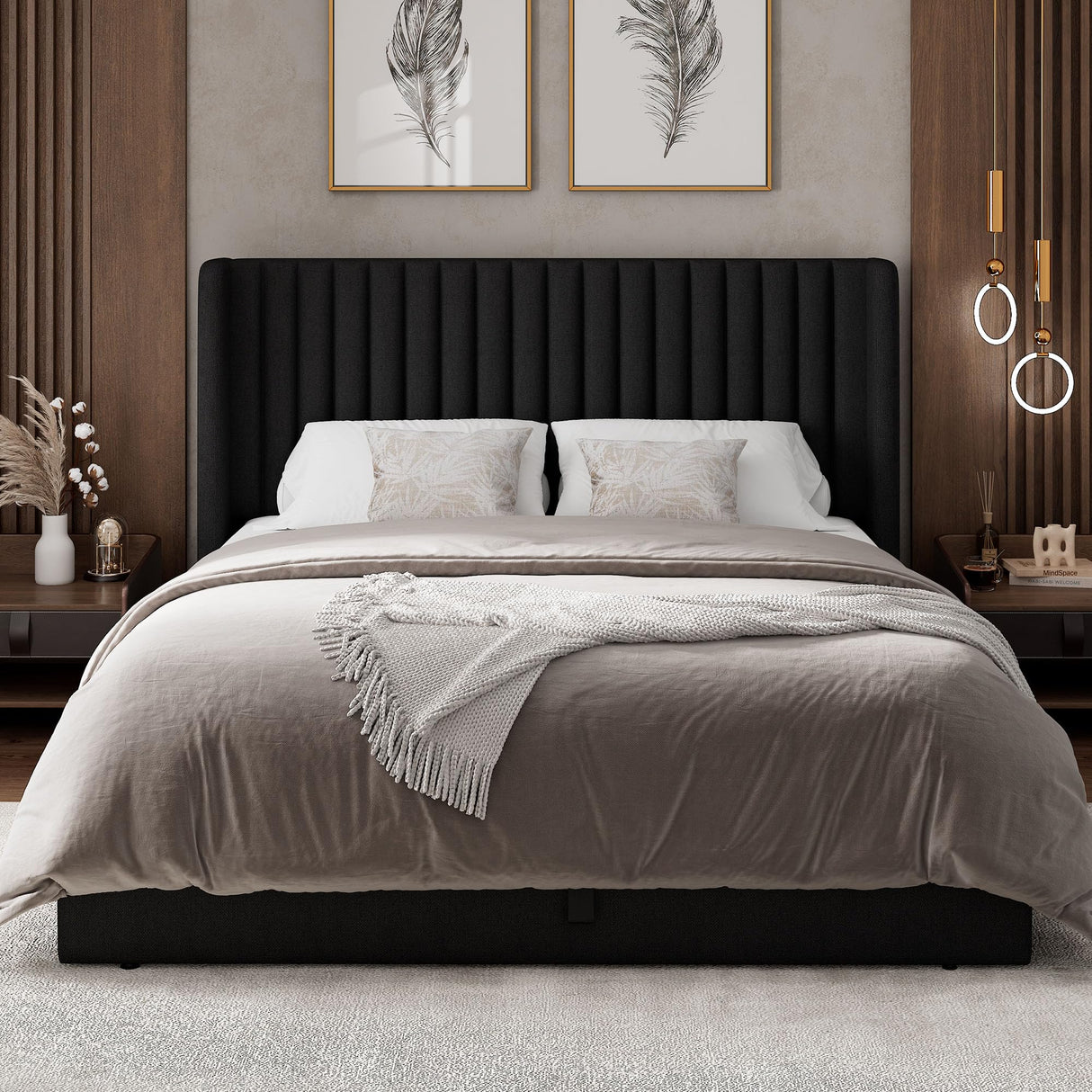 Feonase Queen Size Lift Up Storage Bed Frame, Linen Upholstered Platform Bed with Wingback Headboard, Hydraulic Storage, No Box Spring Needed, Black Feonase