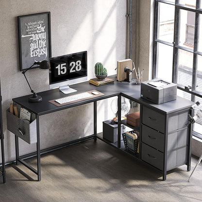 Treesland Black L Shaped Desk with Drawers and Storage Shelves for Home Office - WoodArtSupply