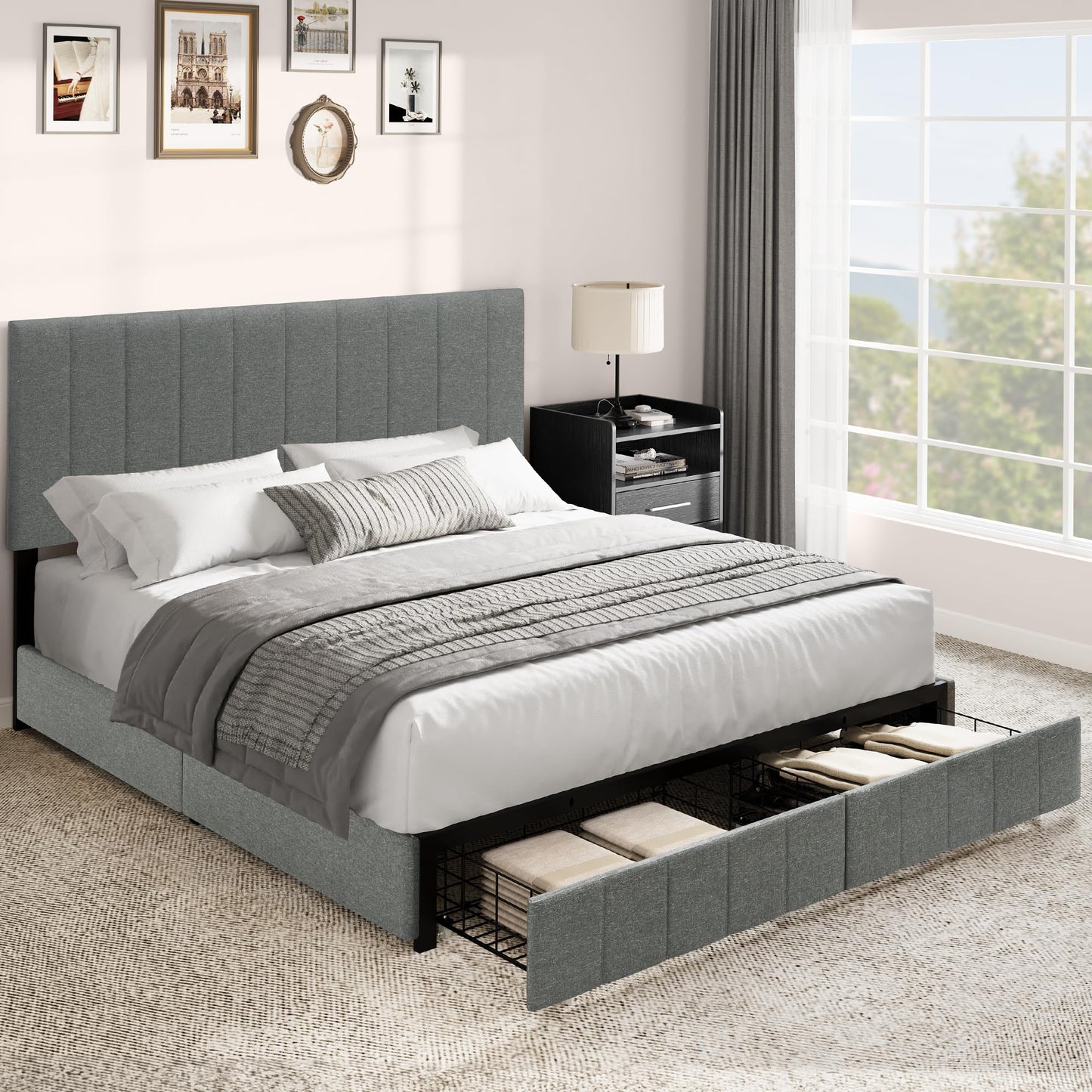 YITAHOME Grey Upholstered Queen Bed Frame with Adjustable Headboard and 2 Storage Drawers