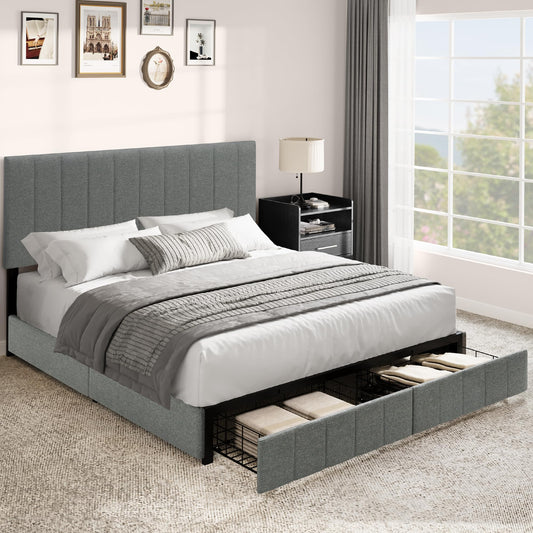 YITAHOME Grey Upholstered Queen Bed Frame with Adjustable Headboard and 2 Storage Drawers - WoodArtSupply