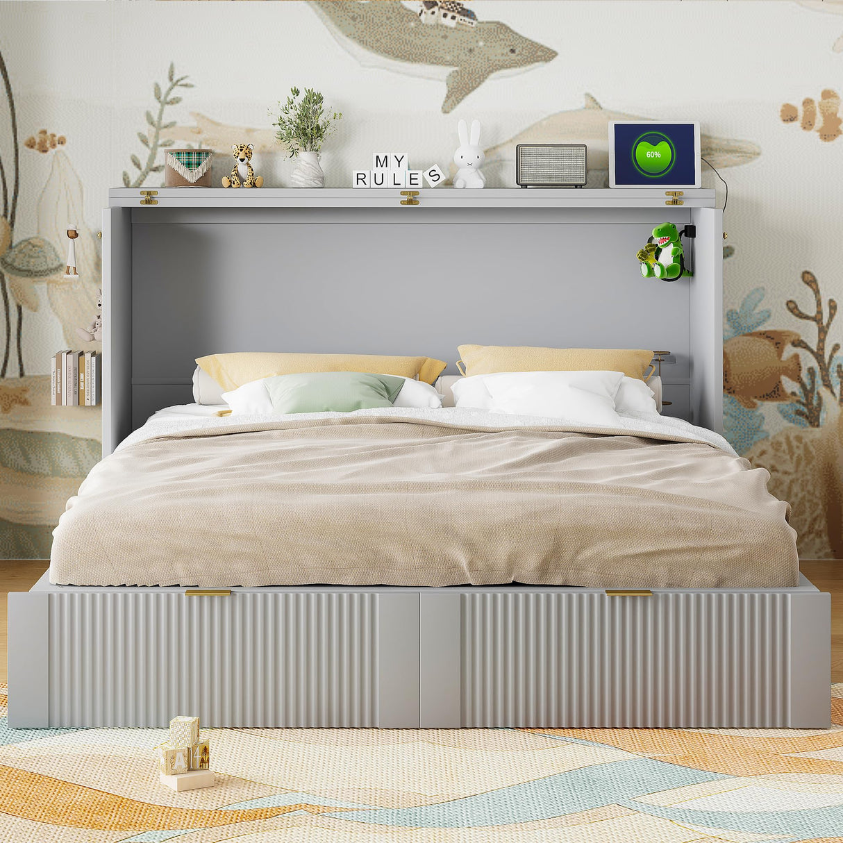 Harper & Bright Designs Queen Size Murphy Bed, Wood Queen Wall Bed with Drawer and a Set of Sockets & USB Ports, Pulley Structure Design, Gray Harper & Bright Designs