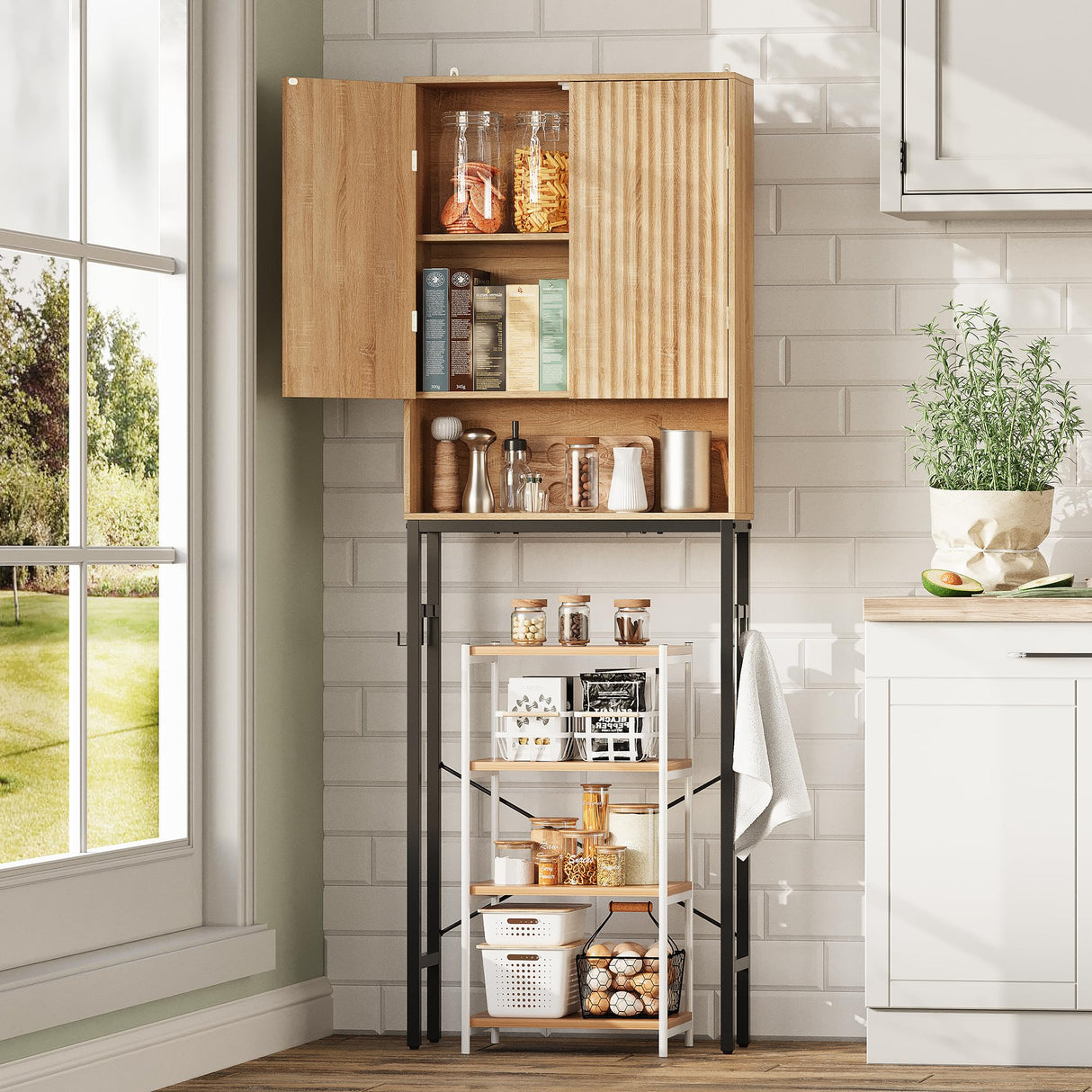 Toilet Storage Cabinet, Over The Rack Wood Cabinet with Metal Stand, Bathroom Organizer with Adjustable Shelf, Tall Freestanding Washer Shelf, Small Cupboard, Space Saver, Natural Style TROJM