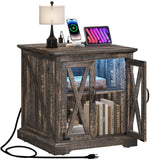 YITAHOME End Table, Farmhouse Sofa Side Coffee Table with Charging Station and LED Lights Bedside Table, Nightstand Storage for Living Room, Bedroom, Office, Dark Rustic Oak YITAHOME