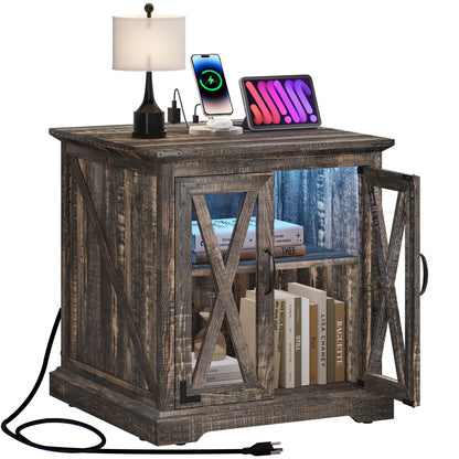 YITAHOME End Table, Farmhouse Sofa Side Coffee Table with Charging Station and LED Lights Bedside Table, Nightstand Storage for Living Room, Bedroom, Office, Dark Rustic Oak - WoodArtSupply