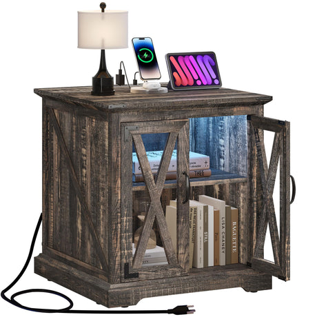YITAHOME End Table, Farmhouse Sofa Side Coffee Table with Charging Station and LED Lights Bedside Table, Nightstand Storage for Living Room, Bedroom, Office, Dark Rustic Oak YITAHOME