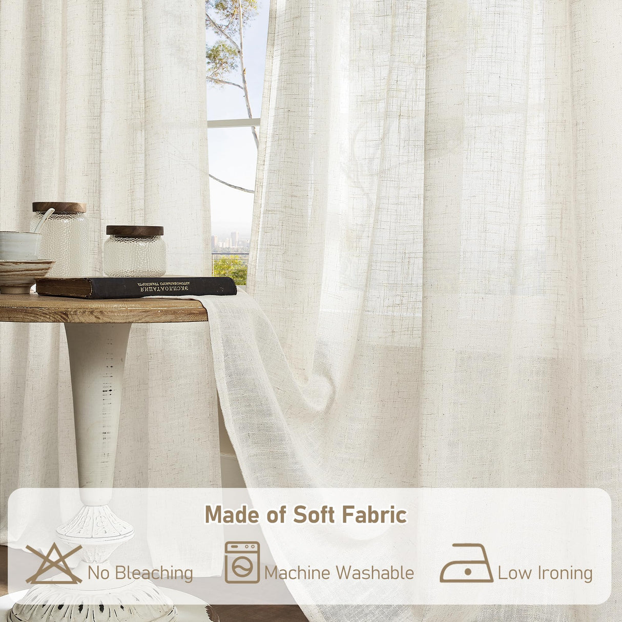 LAMIT Natural Ivory Linen Semi Sheer Curtains 84 inch Length, Cream Light Filtering Soft Thick Neutral Living Room Drapes with Bronze Grommet for Bedroom/Farmhouse, 2 Panels, 52 x 84 Inch LAMIT