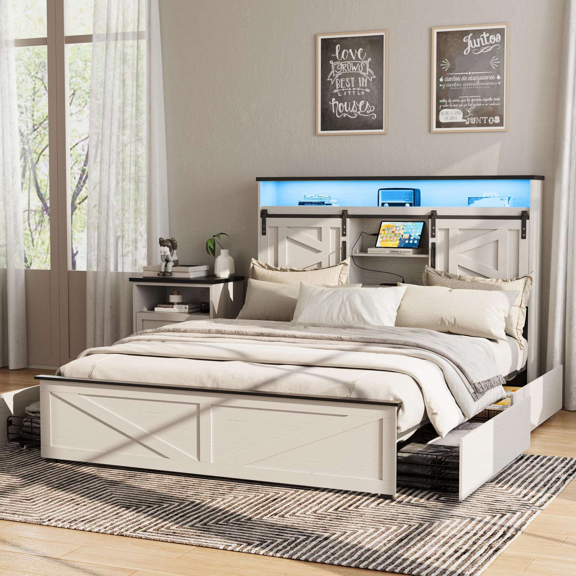 Fameill Farmhouse Full Bed Frame with LED Lights, Charging Station, and 4 Storage Drawers in Antique White - WoodArtSupply