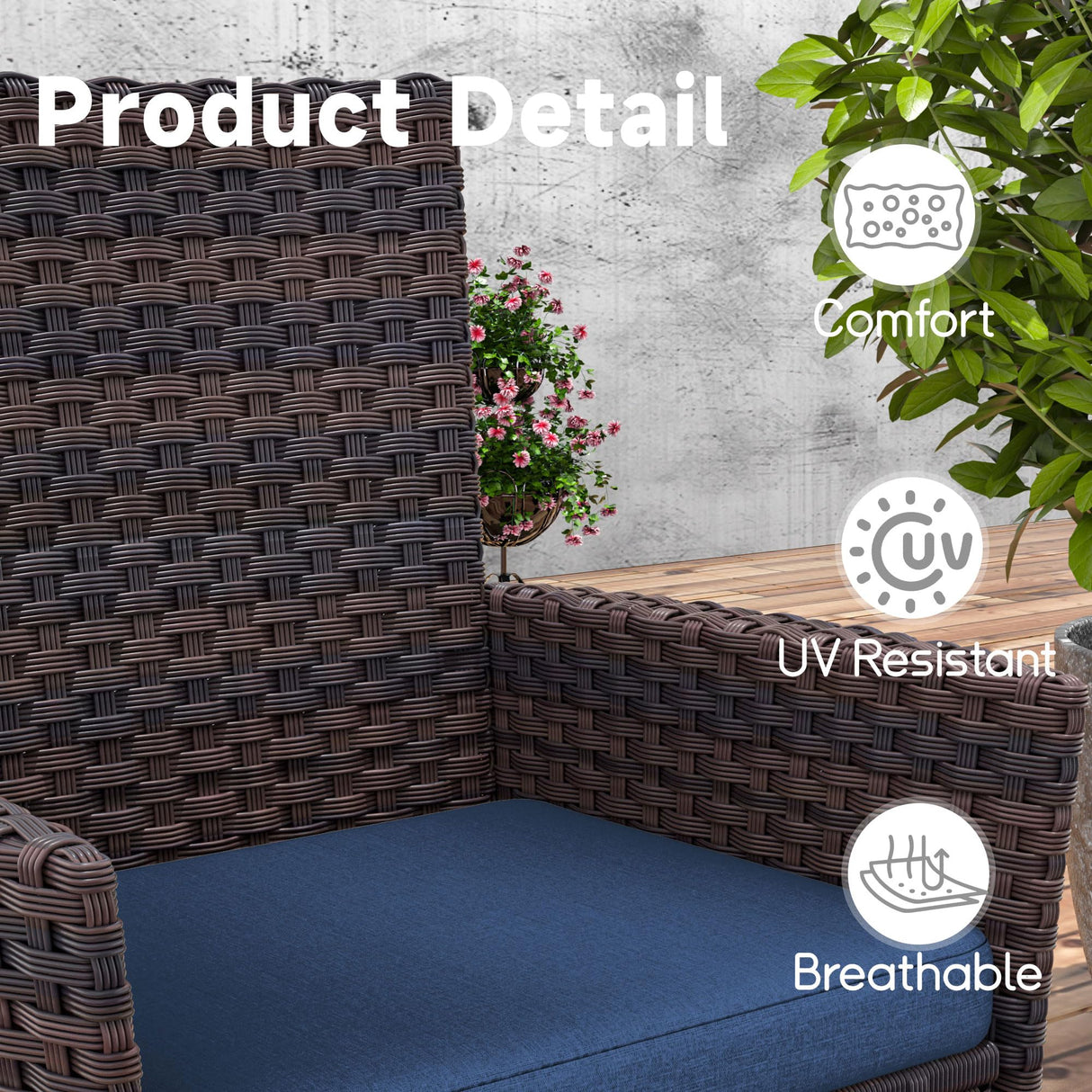 Trumbeak 15 Piece Outdoor Dining Set,Rattan Patio Conversation Set of 12 Chairs,Patio Dining Table and Chairs w/Cushions,Square Glass Tabletop,Umbrella Cutout for Patio,NavyBlue Trumbeak