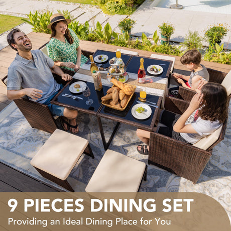 Devoko 9 Pieces Patio Dining Sets Outdoor Space Saving Rattan Chairs with Glass Table Patio Furniture Sets Cushioned Seating and Back Sectional Conversation Set (Beige) Devoko