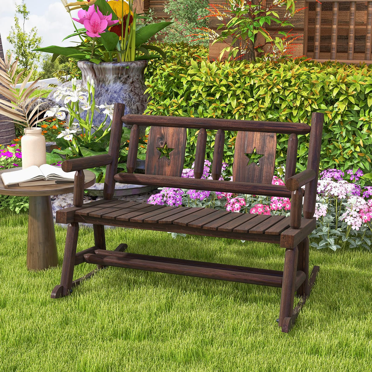 Giantex Outdoor Rocking Bench, Patio Loveseat Rocker for 2 w/Ergonomic Back & Log Arms, Carbonized Fir Wood Frame, Wooden Double Rocking Chair for Porch, Garden, 710 LB Capacity, Rustic Brown Giantex