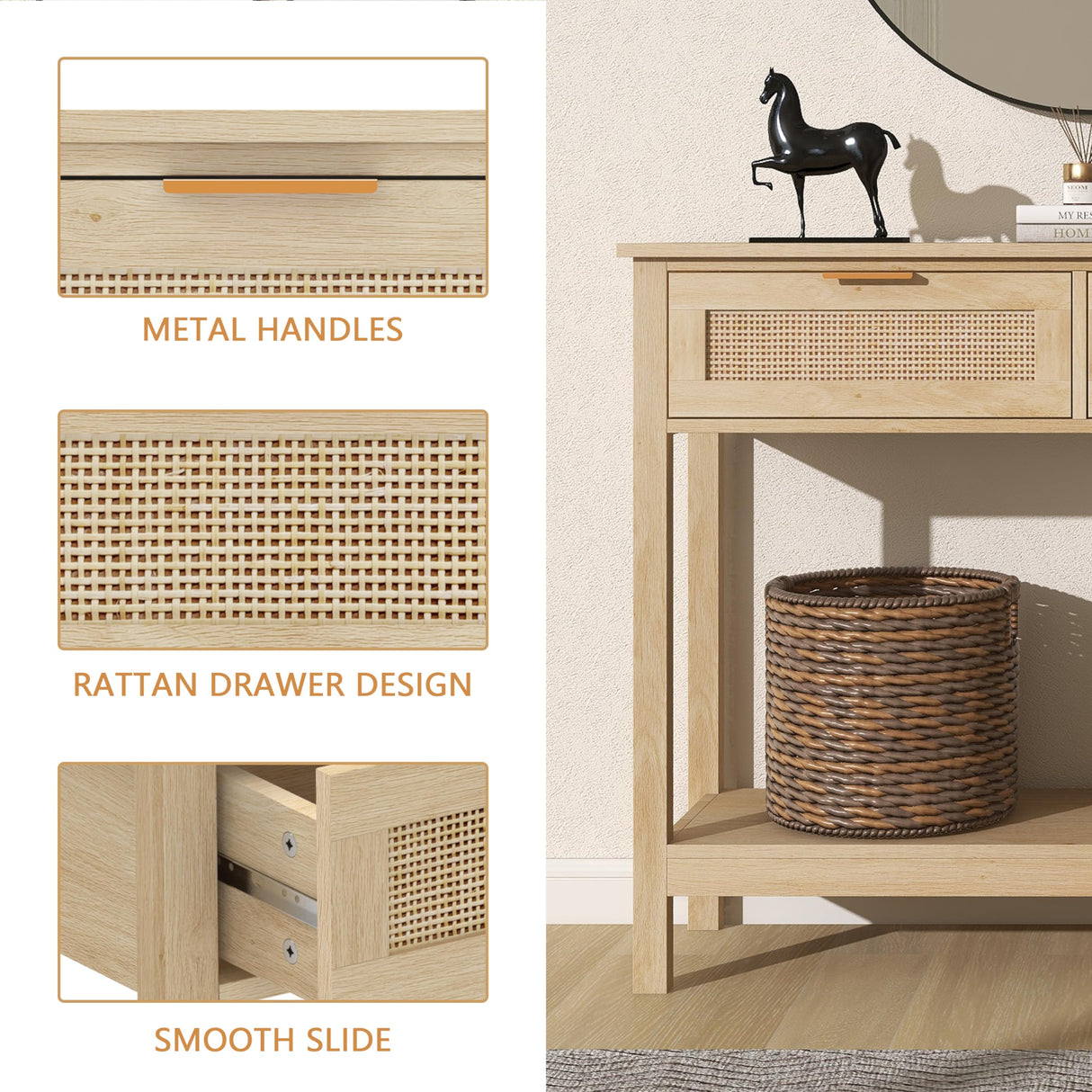 Trironsun Farmhouse Rattan Console Table with 2 Drawers 2 Tier Boho Narrow Long Sofa Table Natural with Open Storage Shelf Wood Entryway Table for Living Room Hallway Foyer (Nature, 39.4 Inch) Trironsun