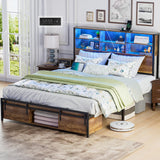 Farmhouse Full Size Bed Frame with Bookcase Headboard, Sliding Barn Door Storage, LED Lights, and Charging Station Alohappy