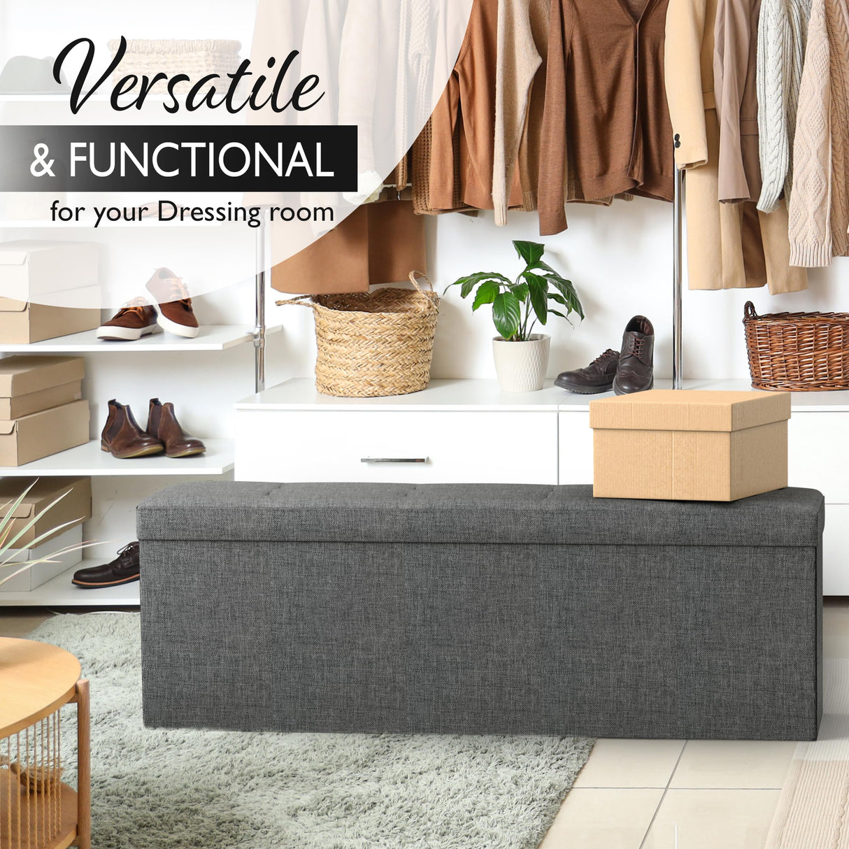 43" Folding Storage Ottoman Bench for Living Room, Bedroom, TV Entertainment - Bedroom Bench with Hidden Storage, Foot Rest Stool - 660 Capacity & Holds up to 5.6 Cubic Feet of Storage - DARK GREY Lifetime Home