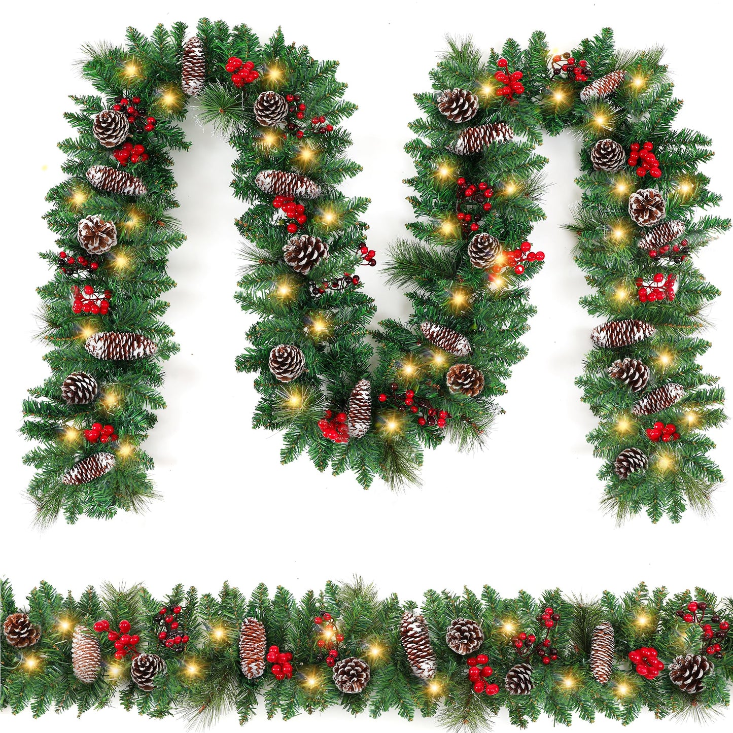 9FT Christmas Garland Decoration ，Battery Operated Lighted Garland with Pine Cones Red Berries Lush Branches，50 LED Lights 8 Modes，Christmas Decorations