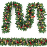 9FT Christmas Garland Decoration ，Battery Operated Lighted Garland with Pine Cones Red Berries Lush Branches，50 LED Lights 8 Modes，Christmas Decorations JGIRL
