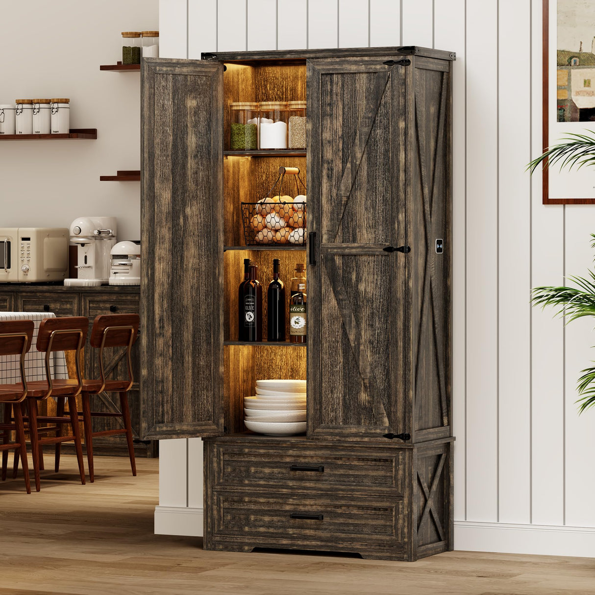 GlasFlength Pantry Adjustable Shelves Tall Farmhouse Storage Cabinet with 2 Drawers&Doors, 69" Rustic Wood Cupboard with LED Light, Brown GlasFlength