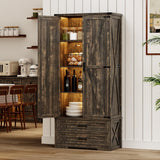 GlasFlength Pantry Adjustable Shelves Tall Farmhouse Storage Cabinet with 2 Drawers&Doors, 69" Rustic Wood Cupboard with LED Light, Brown GlasFlength