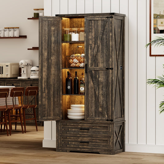 TAGELIER Farmhouse Storage Cabinet with Adjustable Shelves, 69" Tall Pantry Cabinet with 2 Drawers & Doors, Wood Storage with LED Light for Kitchen, Dining Room, Bathroom, Utility Room, Rusti - WoodArtSupply