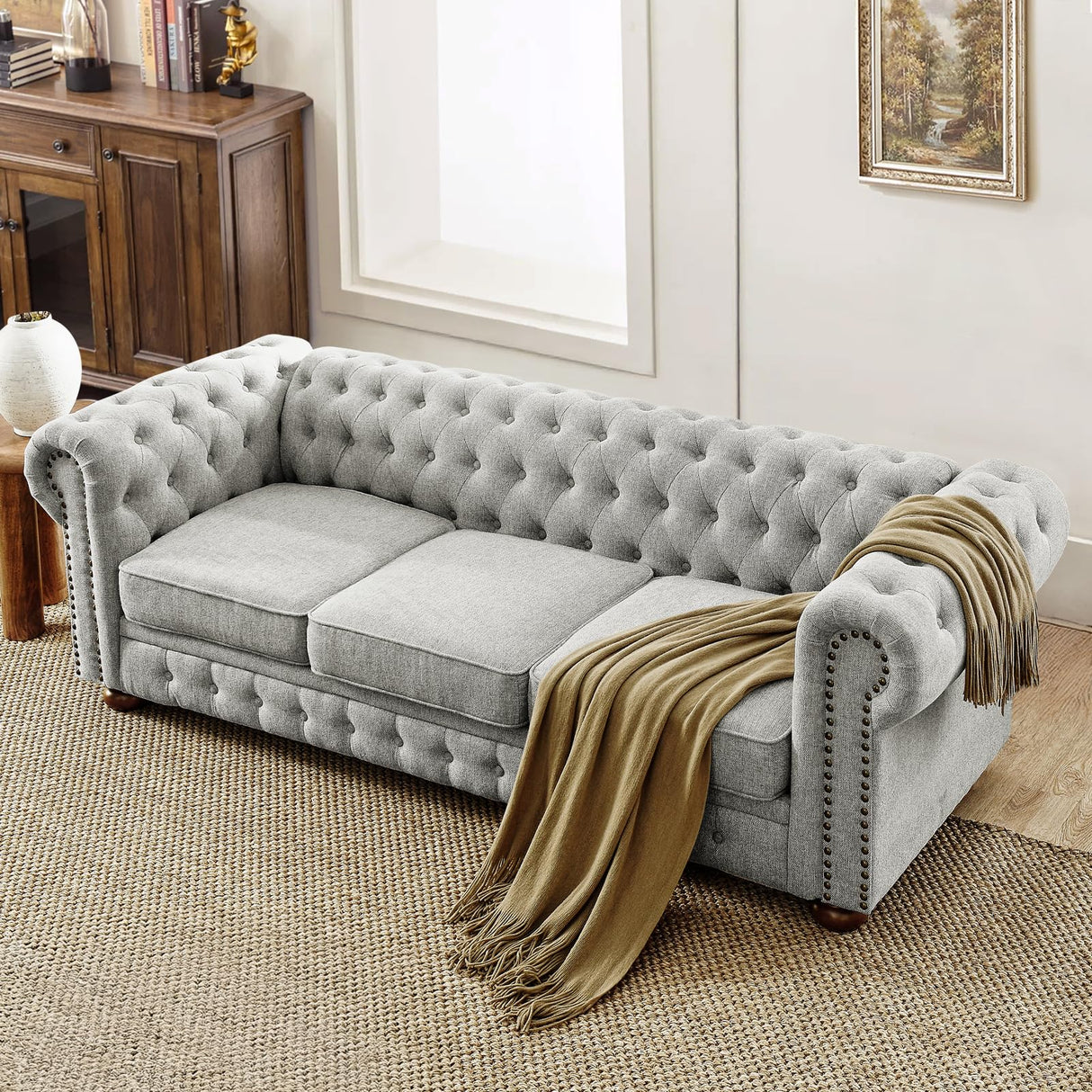 88.5''W Linen Chesterfield Sofa, Mid Century Modern Couch with Button Tufted & Rolled Armrests, Comfy 3-Seater Deep Seat Sofa with Nailhead Trim & Gourd Legs for Living Room, Apartment(Light Grey) JEEOHEY