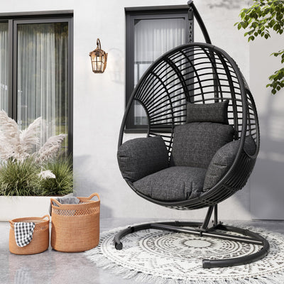 LUTINLIX Oversized Hanging Egg Chair Outdoor Indoor, Wicker Swing Egg Chair with Stand 400lbs Capacity for Bedroom, Patio, Garden and Balcony (Black-Regular, Oversize)