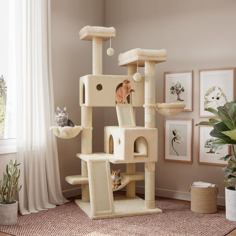 SHA CERLIN 65in Larger Cat Tree Tower Condo for Indoor Kitties/Multi-Level Furniture Activity Center with Wide Base/Cozy Plush Cat Perches/Baskets/Sisal Scratching Posts and Hammock/Beige SHA CERLIN