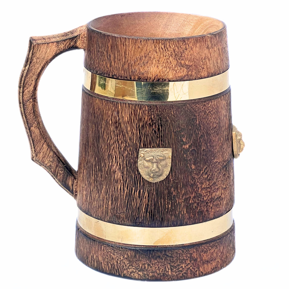 collectiblesBuy Handmade Wooden Beer Mug Stein Brass Barrel Design With Embossed Metal Lion Wood Tankard Beverages Vintage Style Medieval Inspired Kitchen & Bar Accessories collectiblesBuy