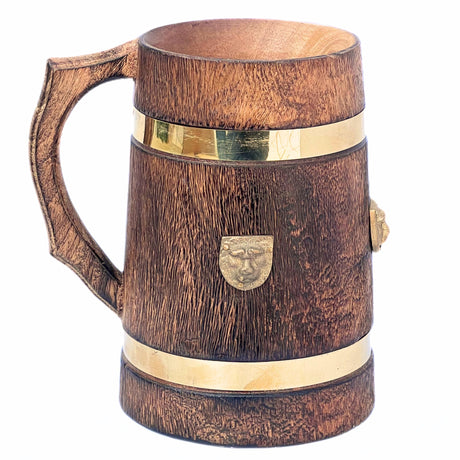 collectiblesBuy Handmade Wooden Beer Mug Stein Brass Barrel Design With Embossed Metal Lion Wood Tankard Beverages Vintage Style Medieval Inspired Kitchen & Bar Accessories collectiblesBuy