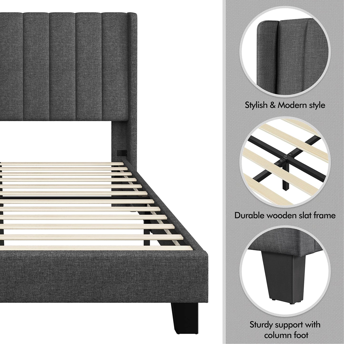 Yaheetech Upholstered Queen Size Bed Frame with Winged Headboard and Wooden Slats Support in Dark Gray - WoodArtSupply