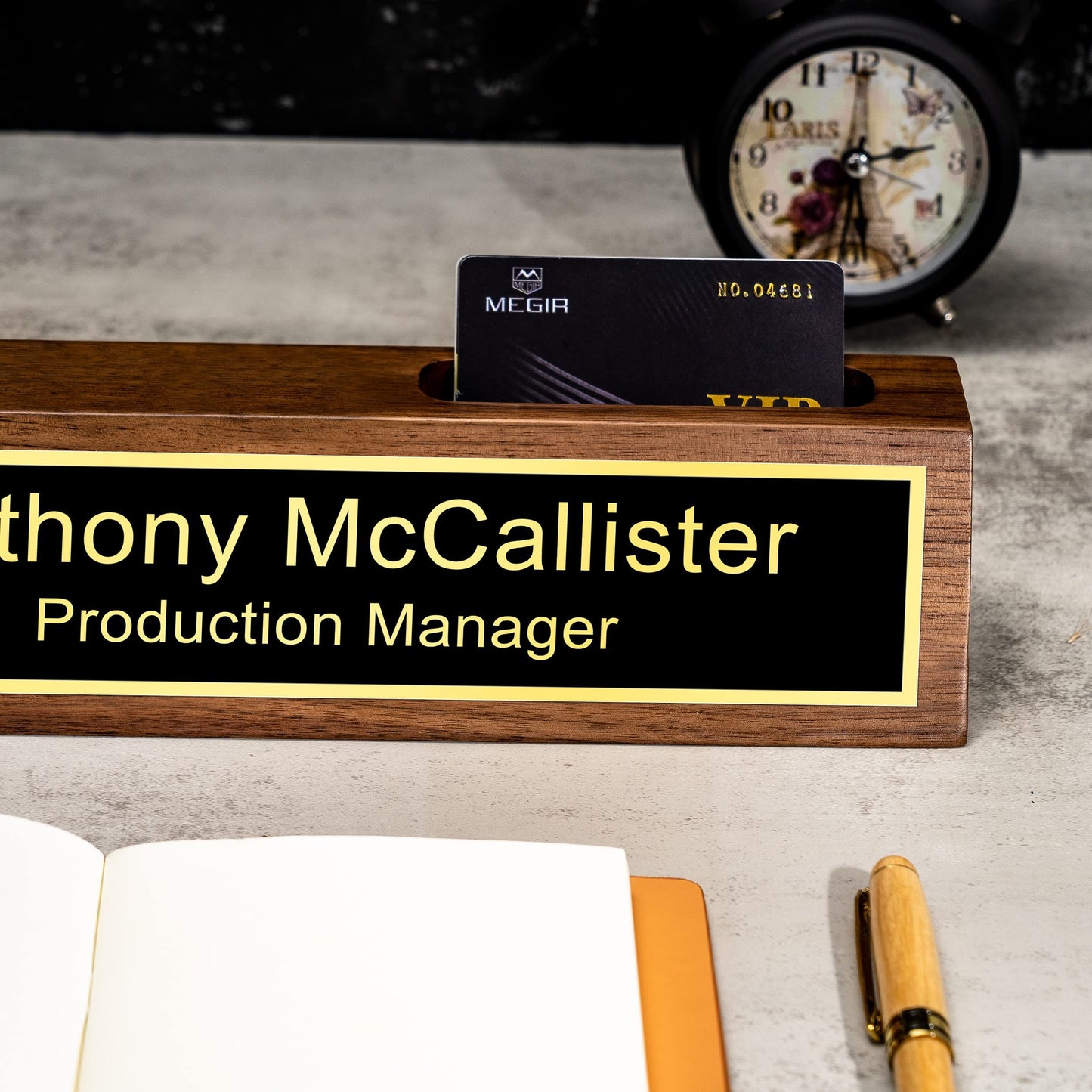 Custom Name Plate for Desk with Card Holder, Business Wood Desktop Name Holder Personalized, Office Desk Gold Decor Accessories, Gifts for Colleague - WoodArtSupply