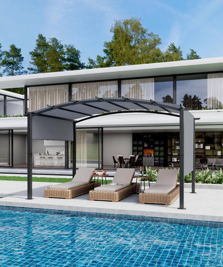 GarveeLife 12 x 9 Ft Outdoor Arched Pergola, Metal Pergola with Retractable Canopy, Arched Style Gazebos for Backyards, Lawn, Patios (Gray) GarveeLife