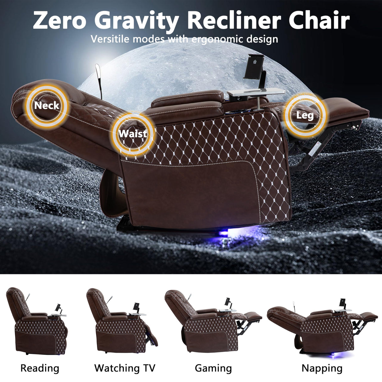 JIKFRIMA Power Zero Gravity Recliner Chair for Adults Breathable Leather Electric Recliners Adjustable Home Theater Seating with Smart Cup Holders, USB Ports, Hidden Arm Storage, Tray Table JIKFRIMA