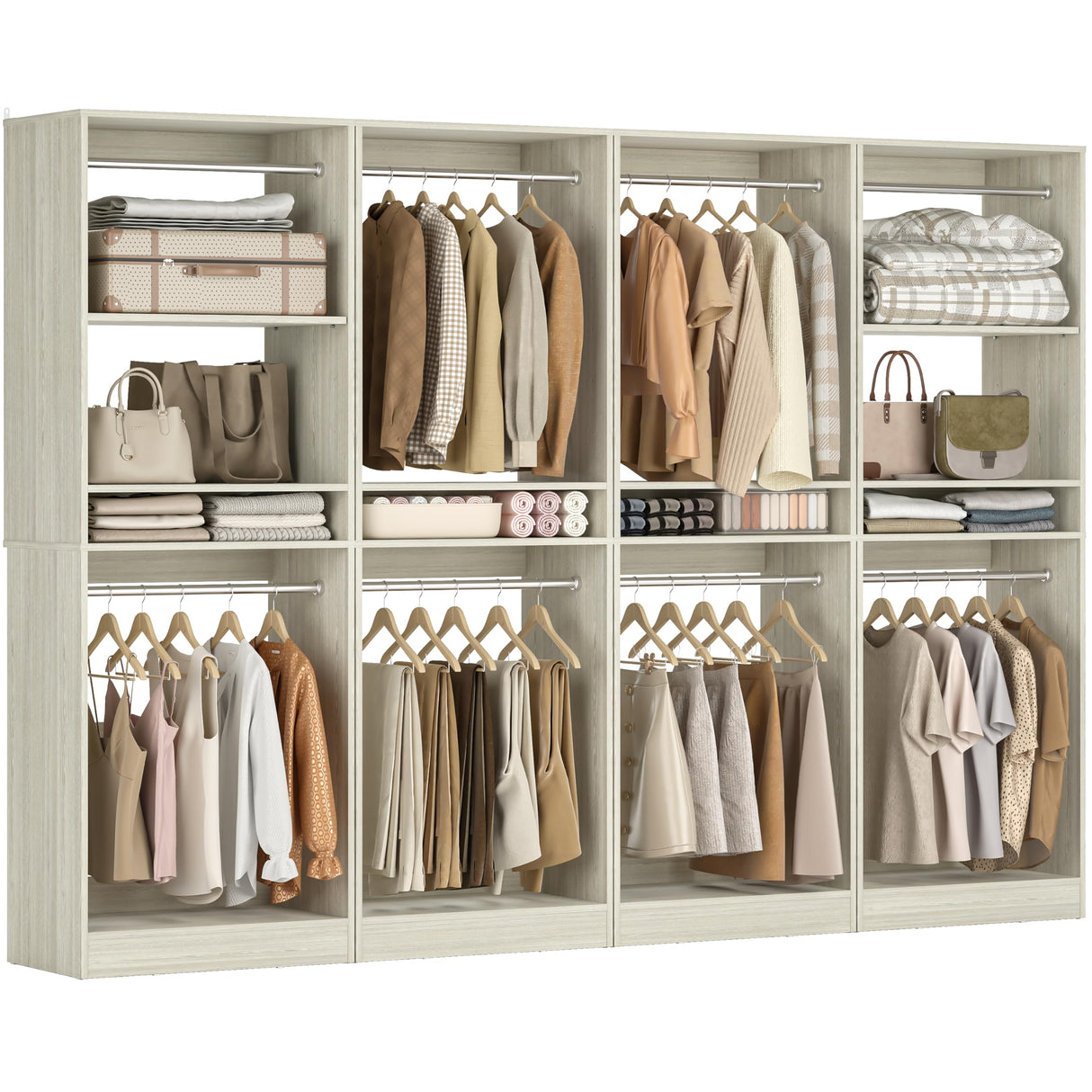 Unikito 100” Closet System, 8.3FT Wood Closet Storage Organizer with 8 Hanging Rods, Adjustable Large Walk in Wardrobe Closet Tower, Sturdy Clothes Garment Rack, Easy Assembly, Set of 4, White Oak Unikito