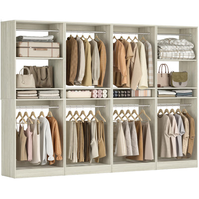 Unikito 100” Closet System, 8.3FT Wood Closet Storage Organizer with 8 Hanging Rods, Adjustable Large Walk in Wardrobe Closet Tower, Sturdy Clothes Garment Rack, Easy Assembly, Set of 4, White Oak