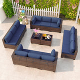Kullavik 14 Pieces Outdoor Patio Furniture Set Outdoor Sectional Rattan Sofa Set Brown Manual Wicker Patio Conversation Set with Navy Blue Cushions,2 Tempered Glass Tea Table and Cushions Covers Kullavik