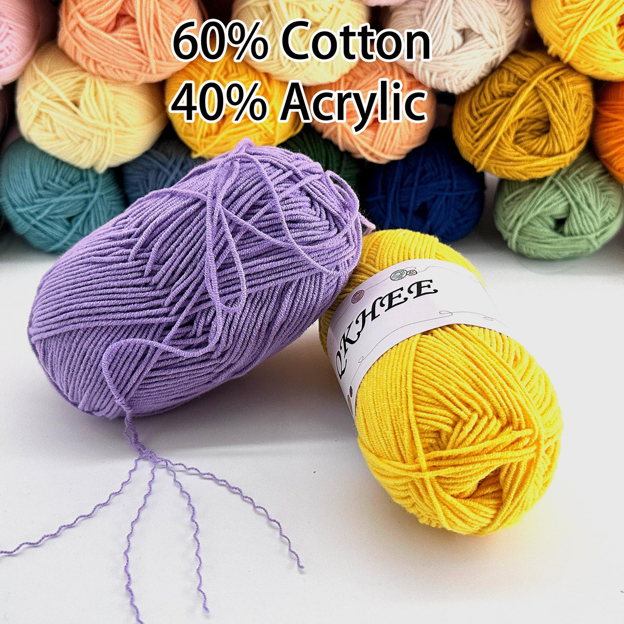 QKHEE Yarn for Crocheting and Knitting 12 * 1.76 Oz (50G) /195yd, Fine/Fingering Weight (1), 60% Cotton 40% Acrylic Soft Yarn kit for Making Sweater and amigurumi (Rainbow) QKHEE