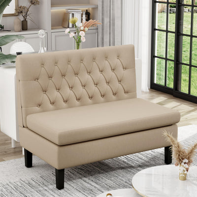 Yongqiang Modern Upholstered Settee with Back Small Loveseat Sofa Dining Bench Banquette Seating for Kitchen Dining Room Living Room Linen Button Tufted Mini Couch Khaki