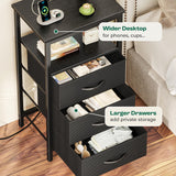 Huuger Night Stand with Charger Station and LED Lights, 3 Drawer Nightstand, Bed Side Table with Open Shelf, End Table, Tall Fabric Dresser for Bedroom, Black Huuger