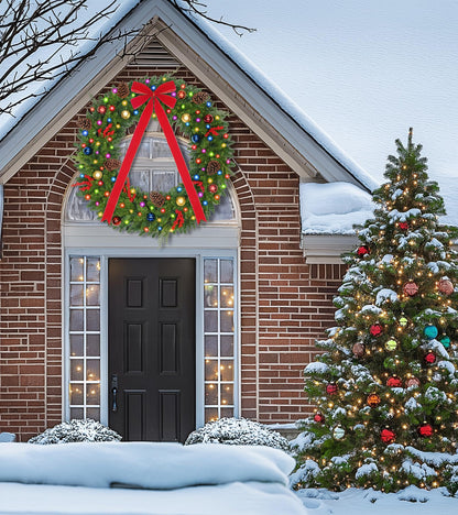 48 Inch Large Christmas Wreath with USB Powered 200 Lights,Pre-Lit Outdoor Christmas Wreath with Red Bow, Ornament Balls and Timer Remote Control,Christmas Door Wreath for Garage Porch Roof Front Door