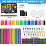 Halobios Art Supplies, 144-Piece Deluxe Art Set Professional Art Kit with Portable Aluminum Case, Crafts Drawing Painting Kit for Gifts Adults Kids Artists Halobios