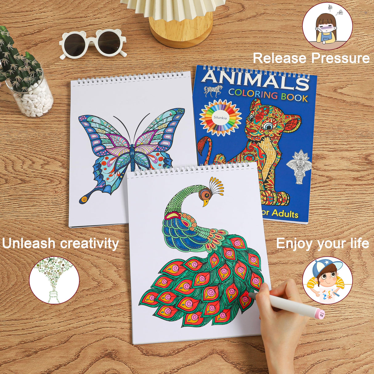 Silunkia Adult Coloring Books Set 8.5 x 11 Inch - 4 Books Adult Animal Butterfly Bird Mandala Design, Coloring Books for Adults to Relax and Relieve Anxiety - Top Spiral Binding is Easier to Use