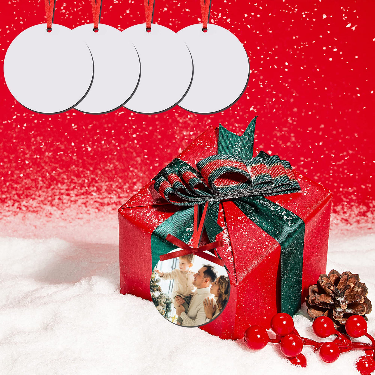 Christmas Sublimation Ornament Blanks 24PCS MDF Sublimation Blank Pendants Bulk Double Sided Printed Round Sublimation Ornaments with 3 Roll Ribbon for Christmas DIY Craft Decoration Supplies Daomong