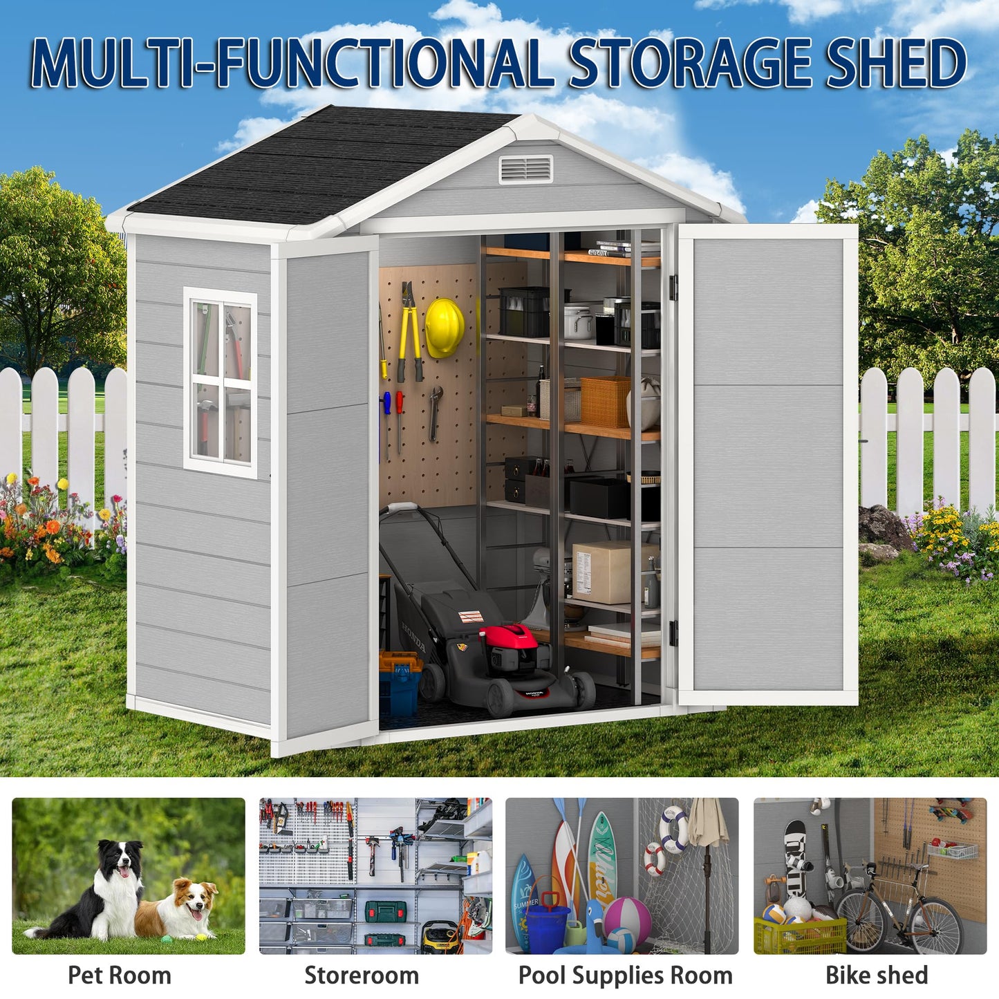 Outdoor Storage Shed, 6x4.4 FT Resin Shed with Floor, Weather-Resistant Plastic Garden Shed with Window, Lockable & Vents, for Garden Tool Outside Sheds, Bike Shed, Backyard Shed (Grey)