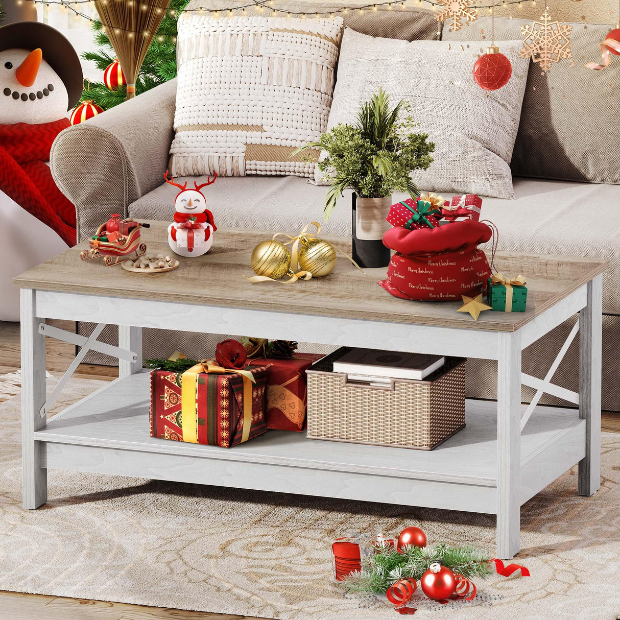 DWVO Coffee Tables for Living Room,Farmhouse Coffee Table, Storage Coffee Table, Small Coffee Table, Wood Coffee Table with Thicker Legs 2 Tier Coffee Table Center Table for Living Room, Grey Wash DWVO