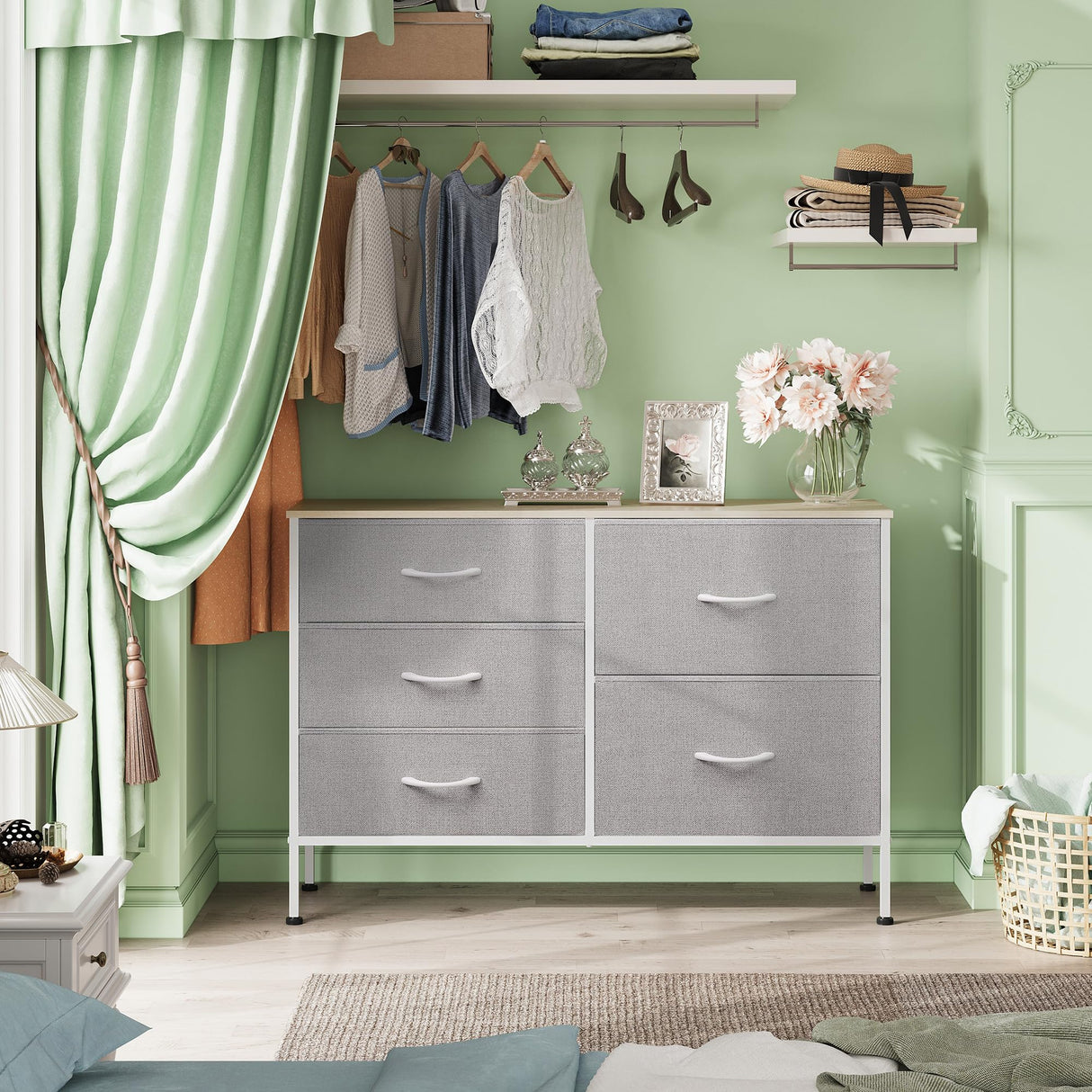 WLIVE Dresser for Bedroom with 5 Drawers, Wide Bedroom Dresser with Drawer Organizers, Chest of Drawers, Fabric Dresser for Living Room, Closet, Hallway, Light Grey WLIVE