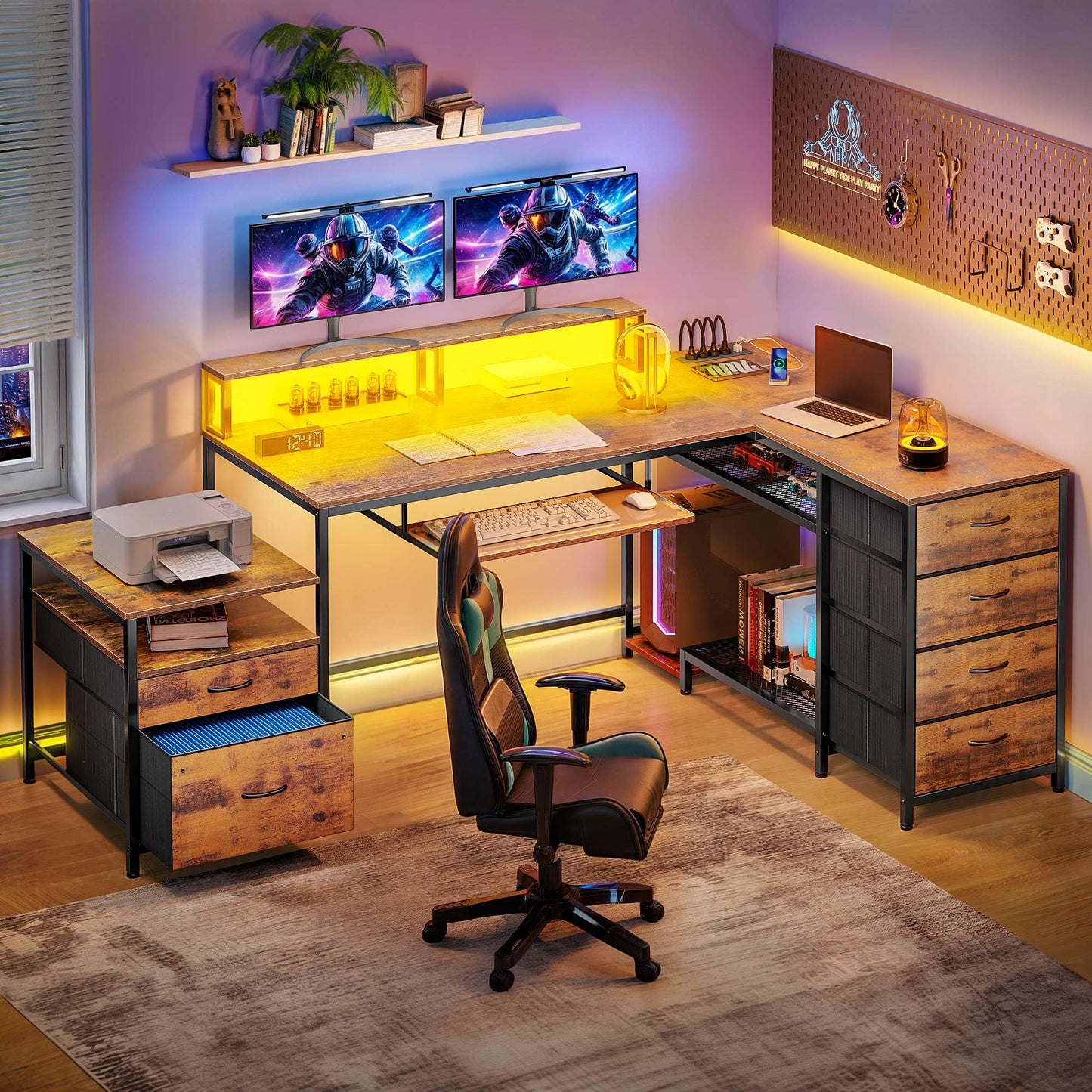 YITAHOME L Shaped Desk with Drawers, 71" Computer Desk with Power Outlet & LED Lights, Corner Desk Home Office Desk with Storage Shelves & Printer Stand, Gaming Desk with Monitor Shelf, Brown