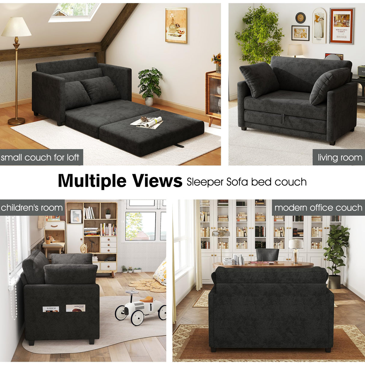 kakuboohi 51" Loveseat Sleeper Sofa Bed, Chenille Convertible Floor Sofa Bed for Small Spaces, Folding Couch Bed with Deep Seat, 2 Pillows & Solid Frame, Pull Out Floor Couch for Living Room, Black kakuboohi